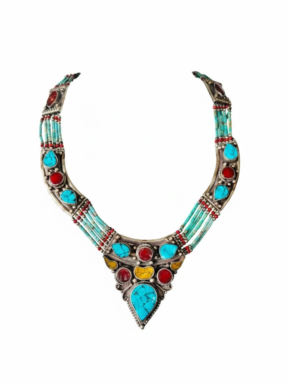 Vintage Tibetan turquoise and coral sterling silver bib statement necklace